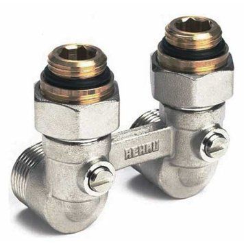 Блок шарових кранів G1/2" x G3/4" кутовий, для радіаторів з нижнім підключенням (у комплекті з ніпелями 240711-001) 240737001 фото